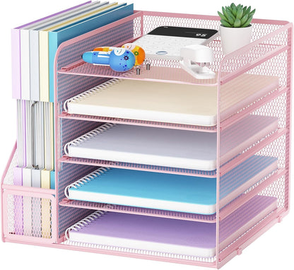 Desk Organizers and Accessories, 5-Tier Paper Letter Tray Organizer with File Holder, Mesh File Organizer, Office Desk Accessories & Organization for Supplies (Pink)