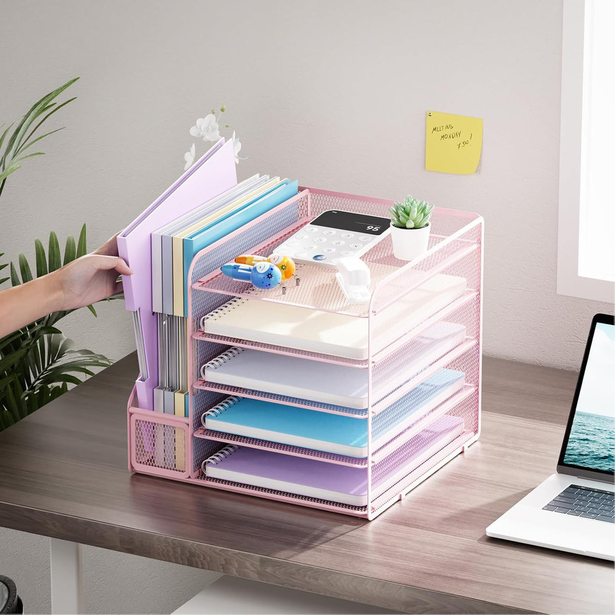 Desk Organizers and Accessories, 5-Tier Paper Letter Tray Organizer with File Holder, Mesh File Organizer, Office Desk Accessories & Organization for Supplies (Pink)