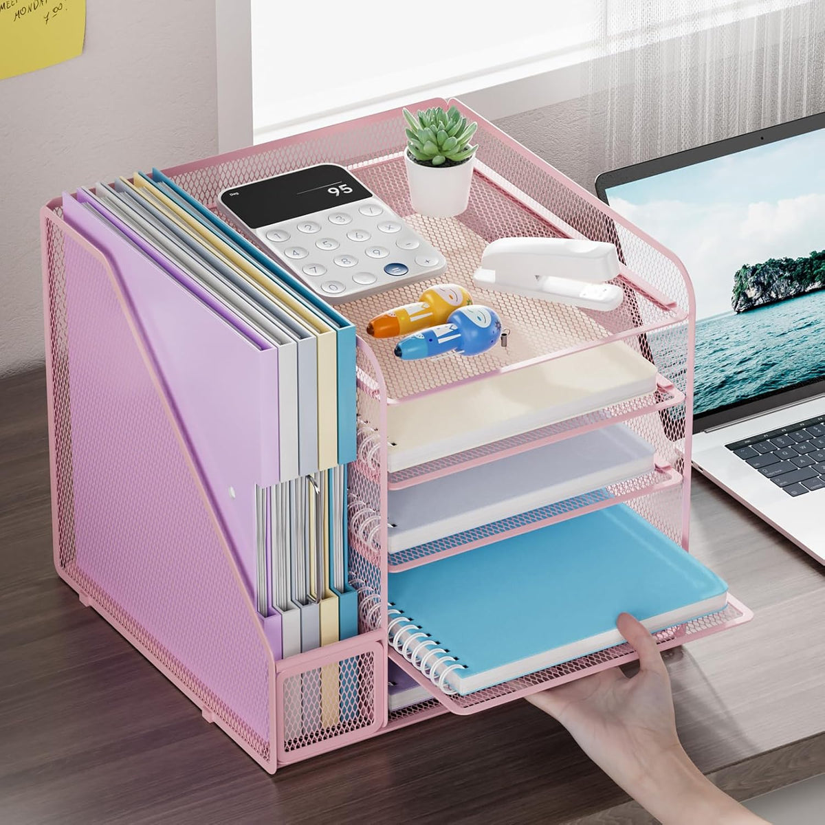 Desk Organizers and Accessories, 5-Tier Paper Letter Tray Organizer with File Holder, Mesh File Organizer, Office Desk Accessories & Organization for Supplies (Pink)