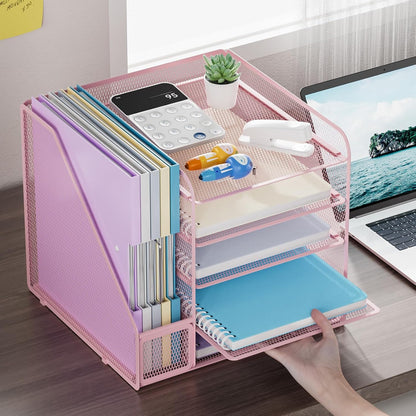 Desk Organizers and Accessories, 5-Tier Paper Letter Tray Organizer with File Holder, Mesh File Organizer, Office Desk Accessories & Organization for Supplies (Pink)