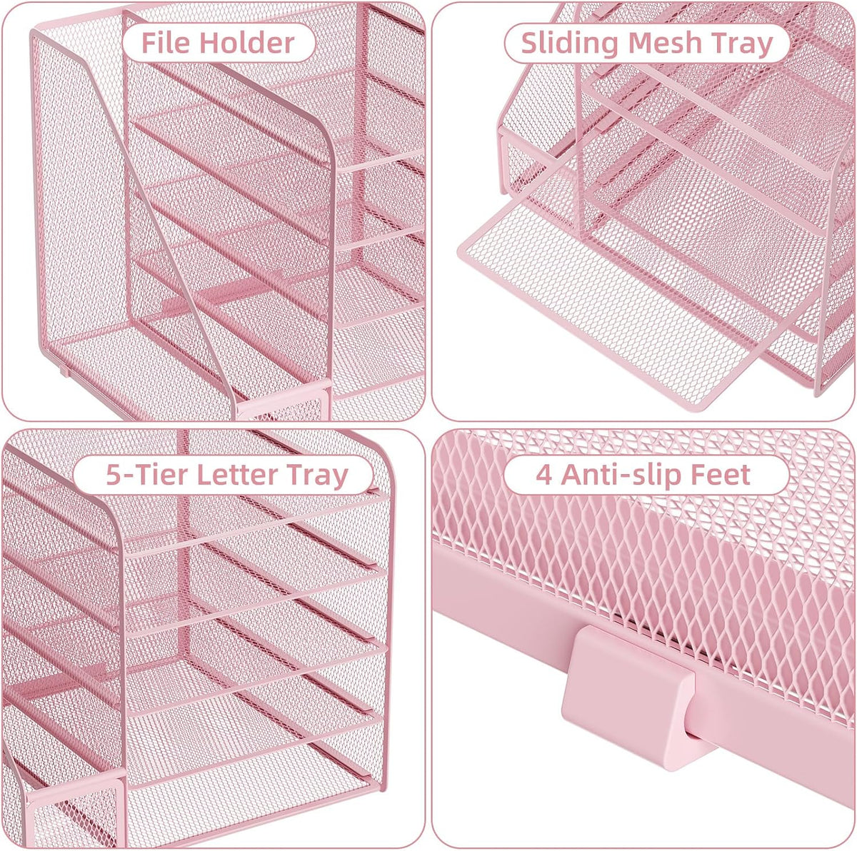 Desk Organizers and Accessories, 5-Tier Paper Letter Tray Organizer with File Holder, Mesh File Organizer, Office Desk Accessories & Organization for Supplies (Pink)