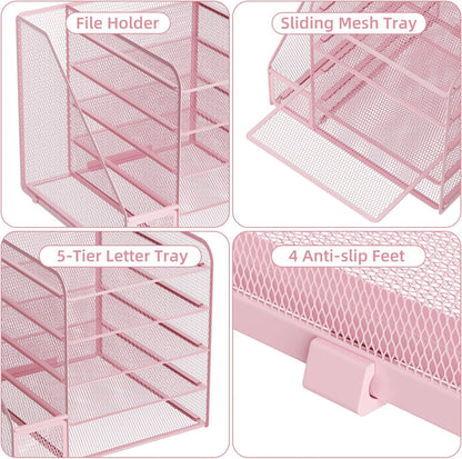 Desk Organizers and Accessories, 5-Tier Paper Letter Tray Organizer with File Holder, Mesh File Organizer, Office Desk Accessories & Organization for Supplies (Pink)