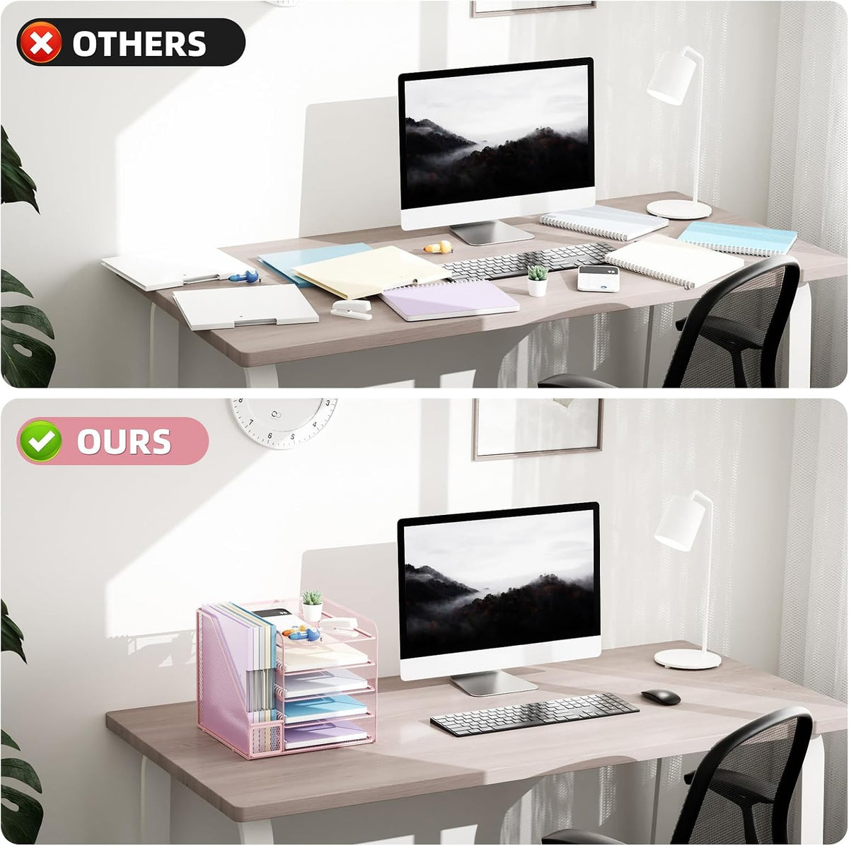 Desk Organizers and Accessories, 5-Tier Paper Letter Tray Organizer with File Holder, Mesh File Organizer, Office Desk Accessories & Organization for Supplies (Pink)