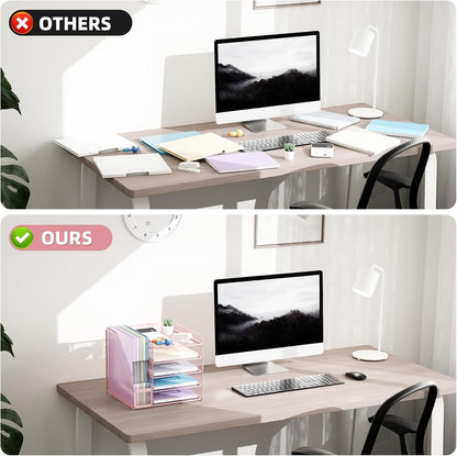 Desk Organizers and Accessories, 5-Tier Paper Letter Tray Organizer with File Holder, Mesh File Organizer, Office Desk Accessories & Organization for Supplies (Pink)