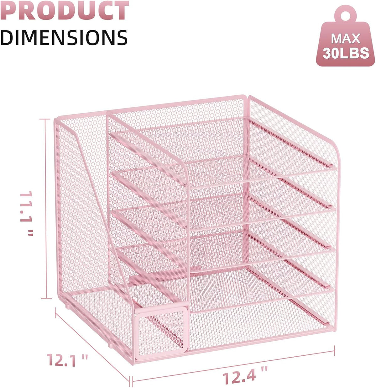 Desk Organizers and Accessories, 5-Tier Paper Letter Tray Organizer with File Holder, Mesh File Organizer, Office Desk Accessories & Organization for Supplies (Pink)