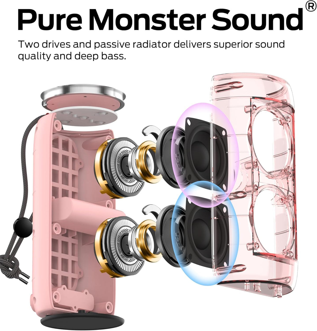 S310 Upgraded Bluetooth Speaker, 30W Portable Speaker, 360° Stereo Sound with Punchy bass, TWS Pairing, IPX6 Waterproof, Bluetooth 5.2, 24H Playtime, Perfect for Home, Outdoor, Beach, Pink