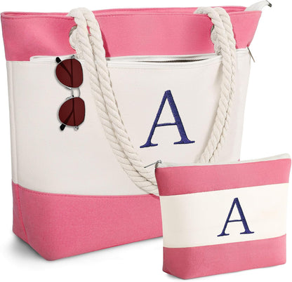 Birthday Gifts for Women, Initial Canvas Beach Tote Bags for Women
