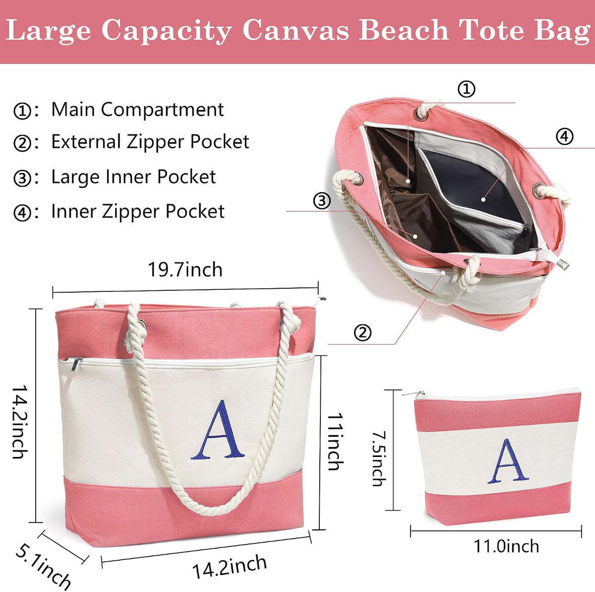 Birthday Gifts for Women, Initial Canvas Beach Tote Bags for Women