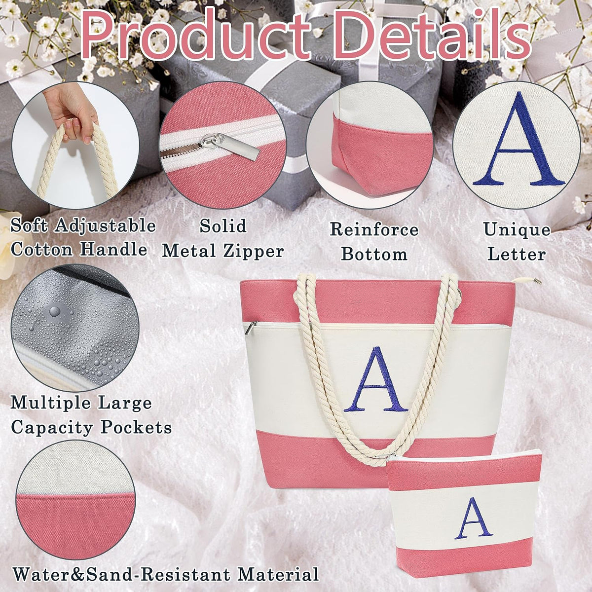 Birthday Gifts for Women, Initial Canvas Beach Tote Bags for Women