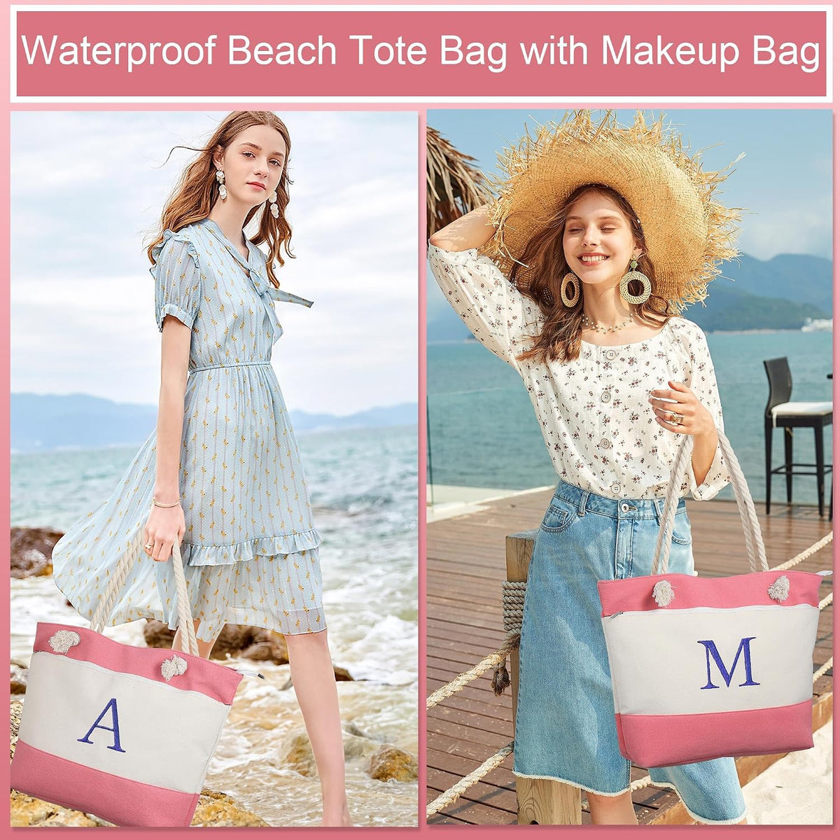 Birthday Gifts for Women, Initial Canvas Beach Tote Bags for Women