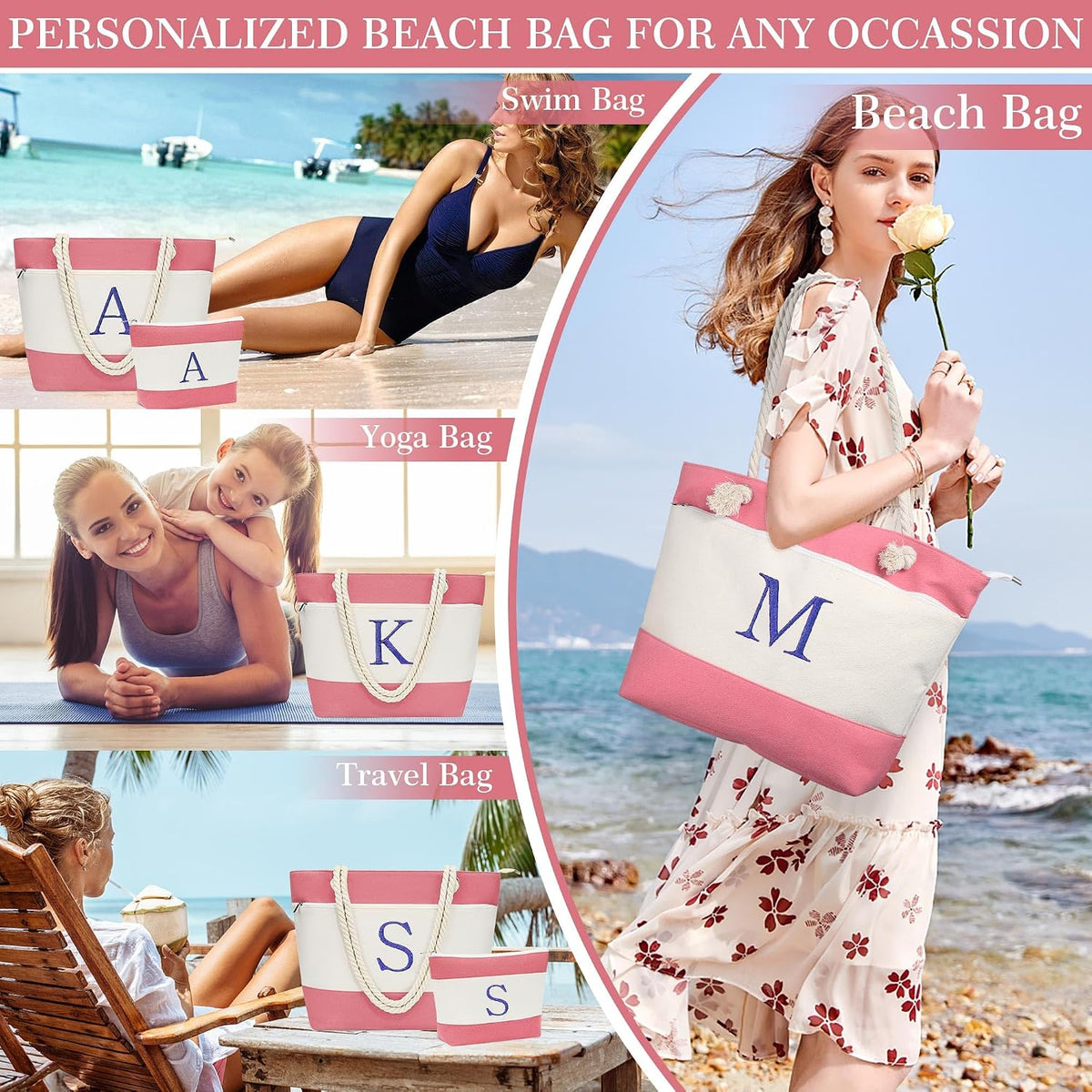Birthday Gifts for Women, Initial Canvas Beach Tote Bags for Women