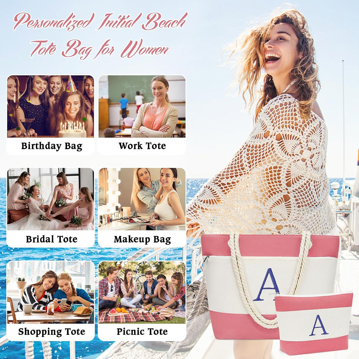 Birthday Gifts for Women, Initial Canvas Beach Tote Bags for Women