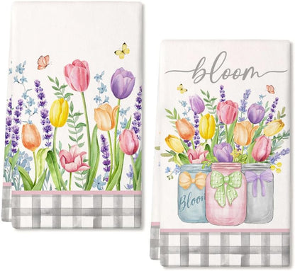 Lavender Tulip Spring Kitchen Towels Dish Towels Set of 2,Pink Floral Hand Towels 18x26 Inch Drying Dishcloth,Farmhouse Home Seasonal Spring Decorations AD273