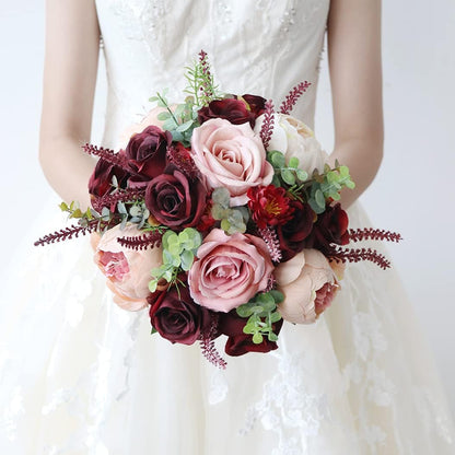 10 inches Artificial Burgundy Dusty Pink Rose Bouquet-Champagne Blush Blooming Peony with Eucalyptus Real Touch Bridal Wedding Flowers (Bouquet)