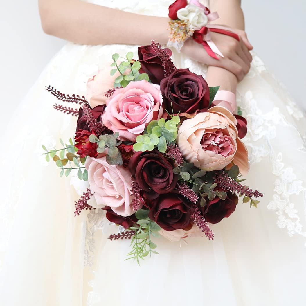 10 inches Artificial Burgundy Dusty Pink Rose Bouquet-Champagne Blush Blooming Peony with Eucalyptus Real Touch Bridal Wedding Flowers (Bouquet)