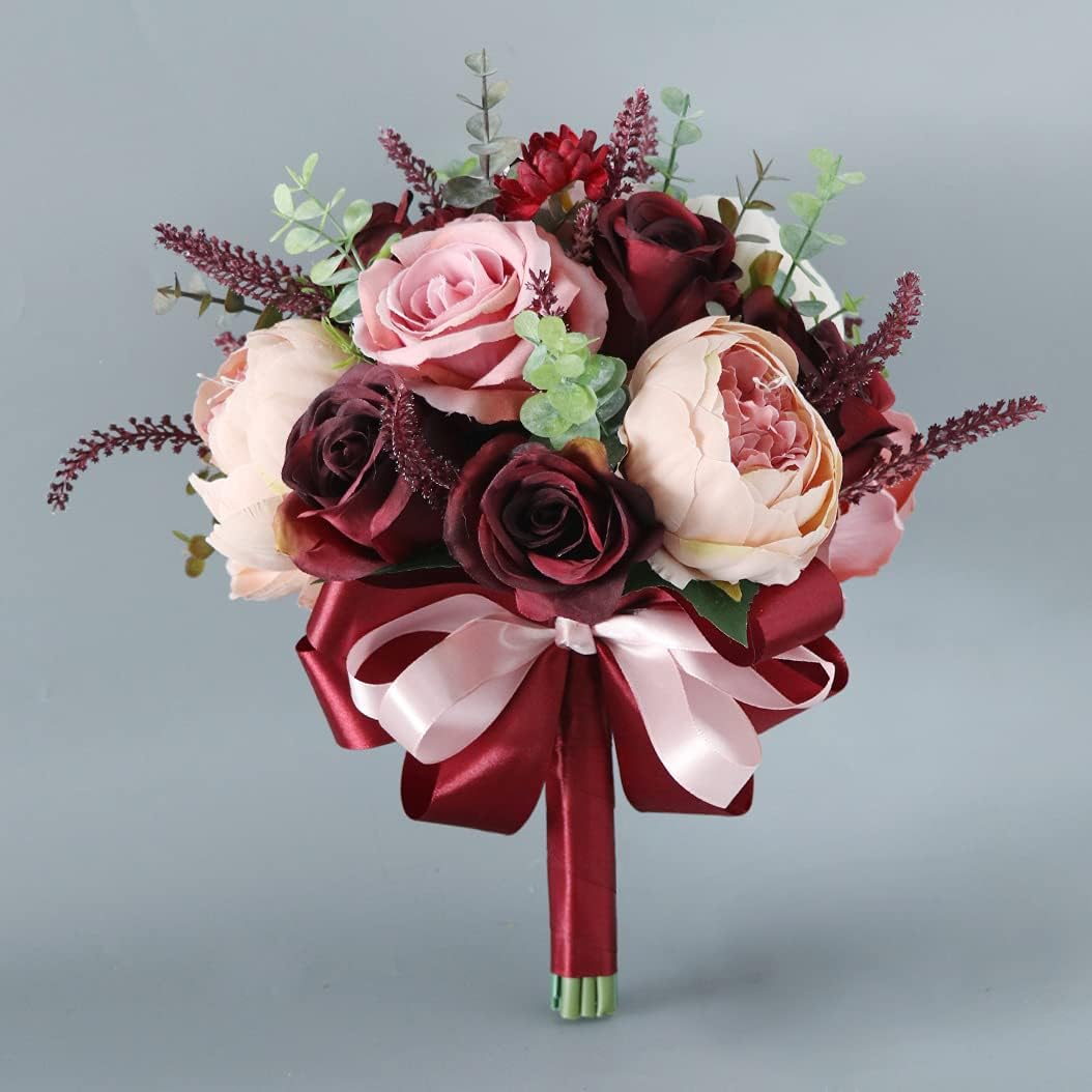 10 inches Artificial Burgundy Dusty Pink Rose Bouquet-Champagne Blush Blooming Peony with Eucalyptus Real Touch Bridal Wedding Flowers (Bouquet)