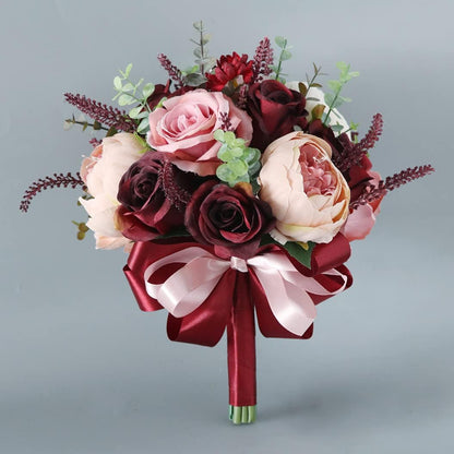 10 inches Artificial Burgundy Dusty Pink Rose Bouquet-Champagne Blush Blooming Peony with Eucalyptus Real Touch Bridal Wedding Flowers (Bouquet)