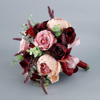 10 inches Artificial Burgundy Dusty Pink Rose Bouquet-Champagne Blush Blooming Peony with Eucalyptus Real Touch Bridal Wedding Flowers (Bouquet)