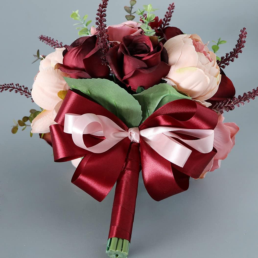 10 inches Artificial Burgundy Dusty Pink Rose Bouquet-Champagne Blush Blooming Peony with Eucalyptus Real Touch Bridal Wedding Flowers (Bouquet)