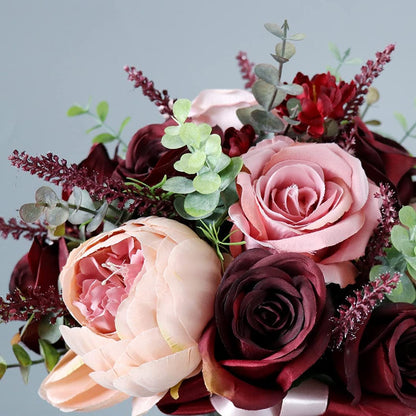 10 inches Artificial Burgundy Dusty Pink Rose Bouquet-Champagne Blush Blooming Peony with Eucalyptus Real Touch Bridal Wedding Flowers (Bouquet)