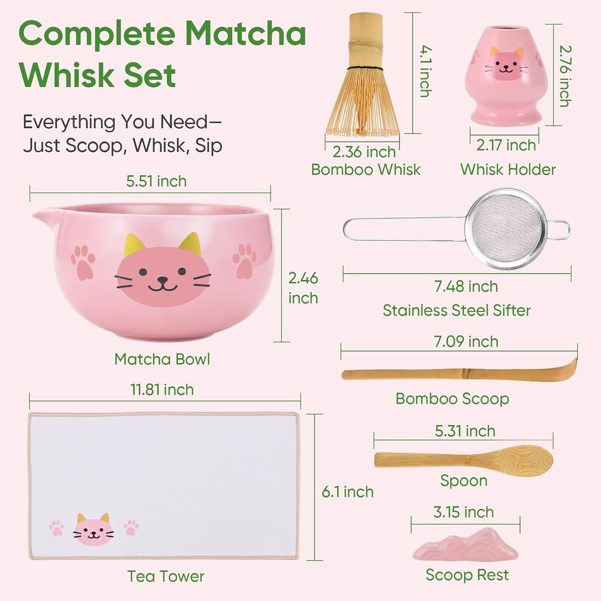 Matcha Whisk Set, 8Pcs Matcha Set for Ceremony, Matcha Whisk and Ceramic Bowl with Matcha Scoop & Sifter and All Accessories for Breakfast, Afternoon Tea, Ideal Gift Christmas, Anniversary