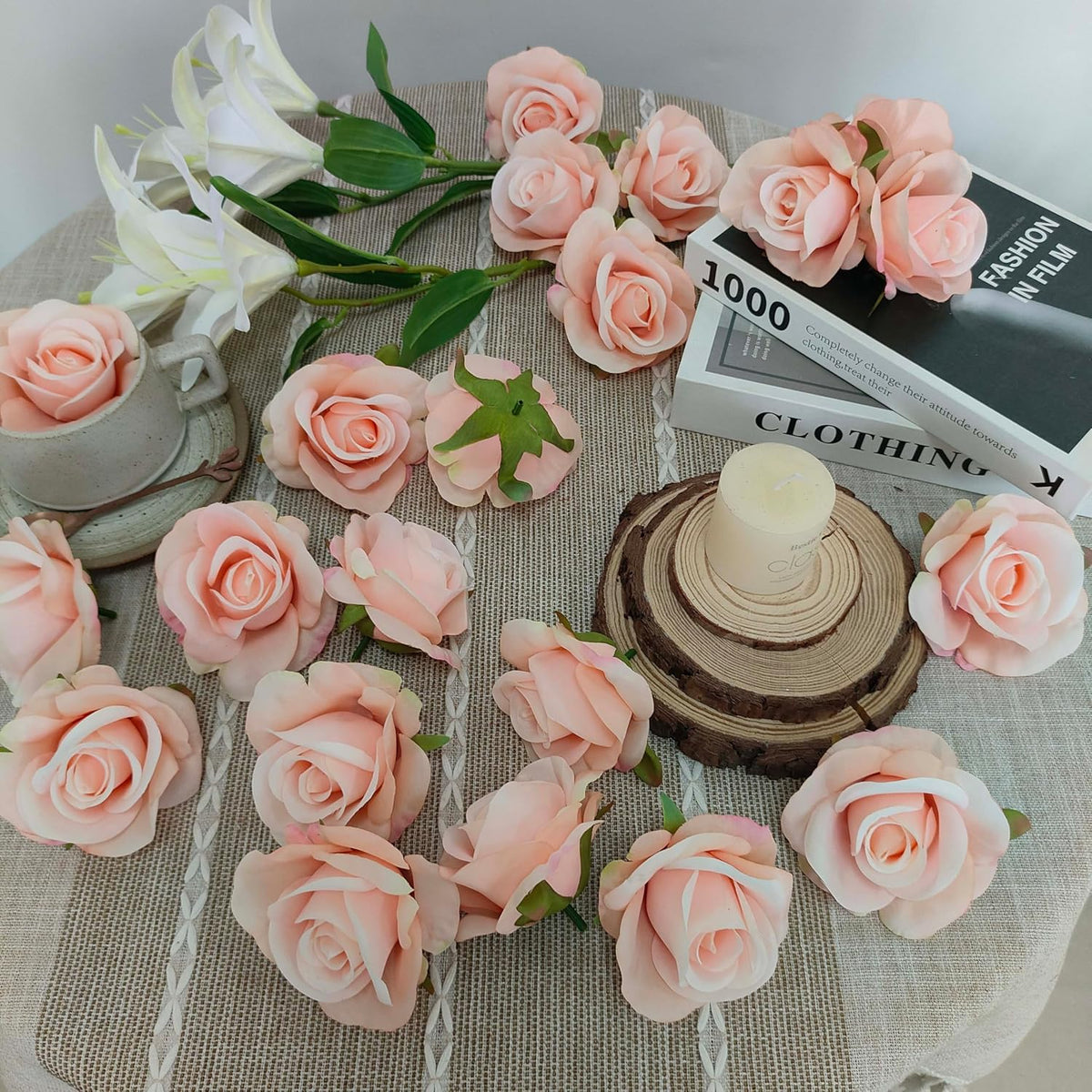 Artificial Satin Rose Flower Heads,42 Pcs Silk Rose Heads with Stems,3.5'' Rose Artificial Flowers Bulk,Artificial Rose Flower Heads for DIY Crafts Bouquet (42, Blush)
