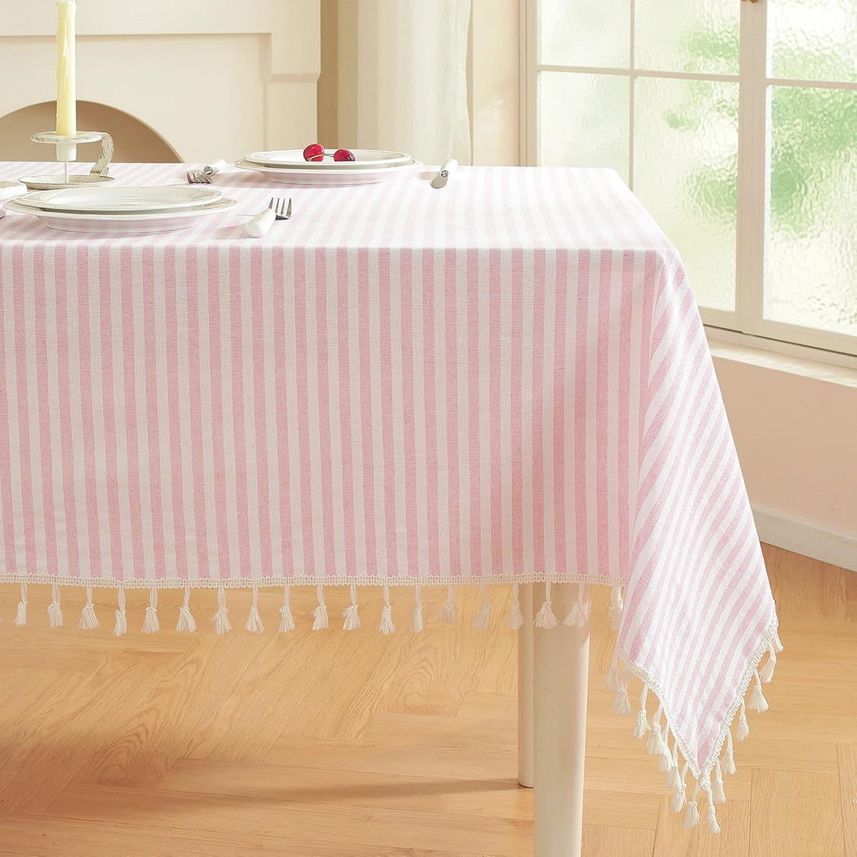 Striped Rectangle Tablecloth, Cotton Blend Fabric Pink Table Cloth with Tassel, Washable Wrinkle Free Table Cover Boho Picnic Tablecloths for Valentines Day Kitchen Dining - 39 x 55 Inch