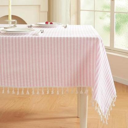 Striped Rectangle Tablecloth, Cotton Blend Fabric Pink Table Cloth with Tassel, Washable Wrinkle Free Table Cover Boho Picnic Tablecloths for Valentines Day Kitchen Dining - 39 x 55 Inch