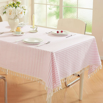 Striped Rectangle Tablecloth, Cotton Blend Fabric Pink Table Cloth with Tassel, Washable Wrinkle Free Table Cover Boho Picnic Tablecloths for Valentines Day Kitchen Dining - 39 x 55 Inch