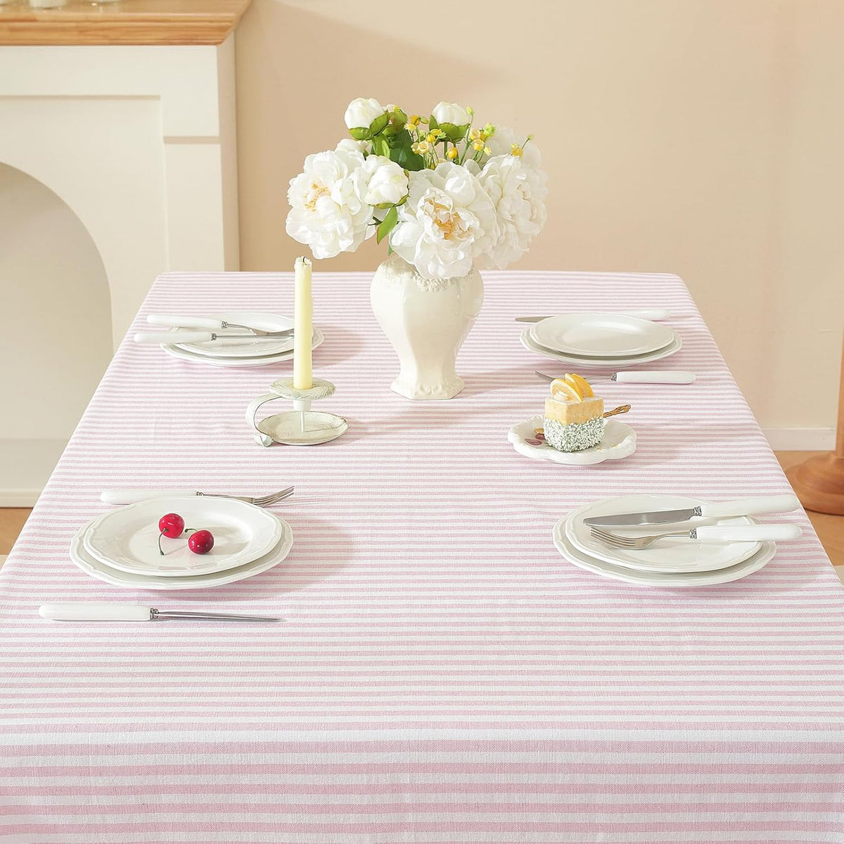 Striped Rectangle Tablecloth, Cotton Blend Fabric Pink Table Cloth with Tassel, Washable Wrinkle Free Table Cover Boho Picnic Tablecloths for Valentines Day Kitchen Dining - 39 x 55 Inch
