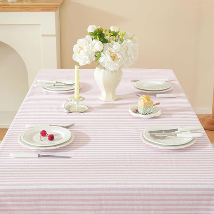 Striped Rectangle Tablecloth, Cotton Blend Fabric Pink Table Cloth with Tassel, Washable Wrinkle Free Table Cover Boho Picnic Tablecloths for Valentines Day Kitchen Dining - 39 x 55 Inch
