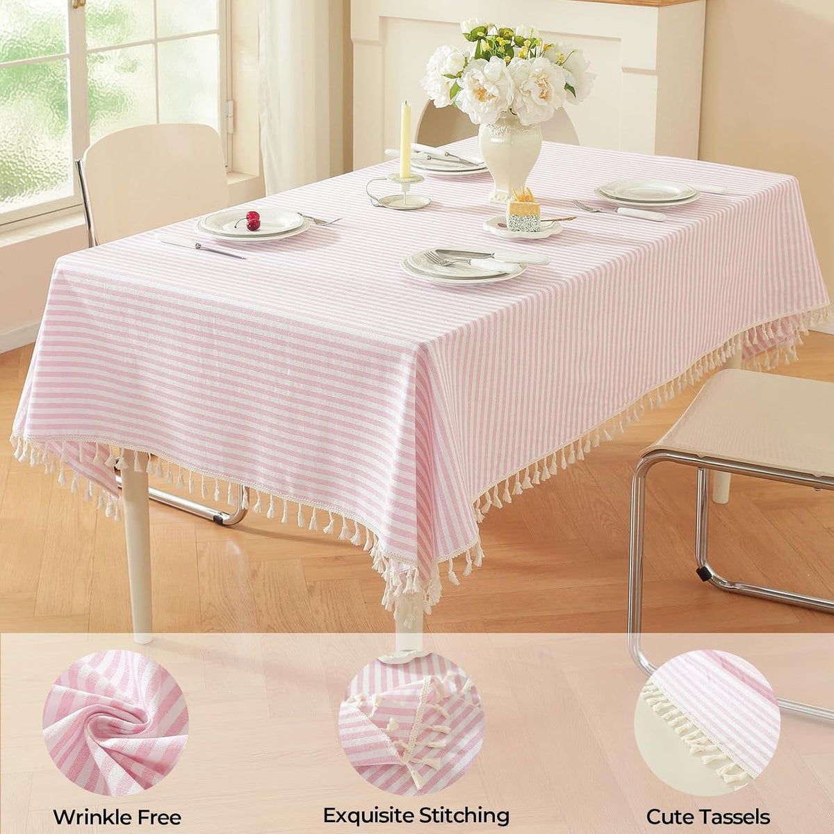 Striped Rectangle Tablecloth, Cotton Blend Fabric Pink Table Cloth with Tassel, Washable Wrinkle Free Table Cover Boho Picnic Tablecloths for Valentines Day Kitchen Dining - 39 x 55 Inch