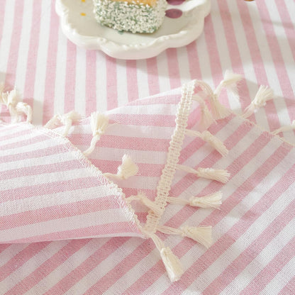 Striped Rectangle Tablecloth, Cotton Blend Fabric Pink Table Cloth with Tassel, Washable Wrinkle Free Table Cover Boho Picnic Tablecloths for Valentines Day Kitchen Dining - 39 x 55 Inch