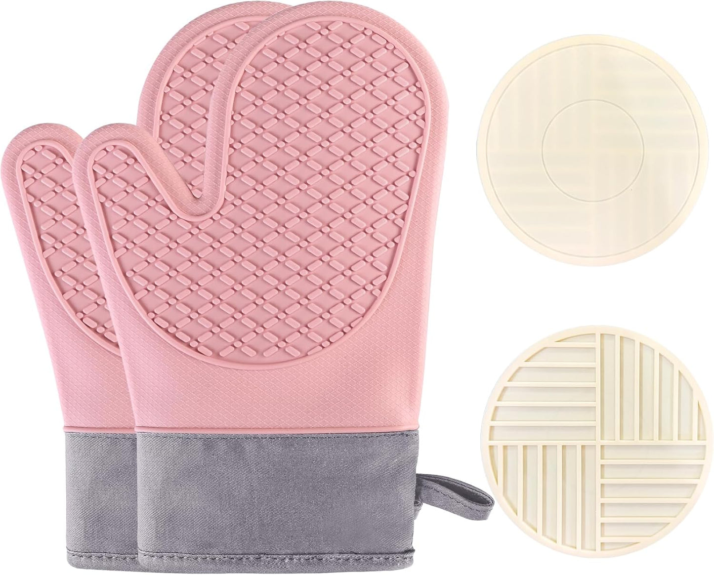 Silicone Oven Mitts Sets with Potholders, 500°F Heat Resistant Kitchen Cooking Gloves, Cotton Lining Baking Mitts, Non-Slip Textured Grip, Pink