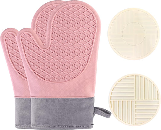 Silicone Oven Mitts Sets with Potholders, 500°F Heat Resistant Kitchen Cooking Gloves, Cotton Lining Baking Mitts, Non-Slip Textured Grip, Pink