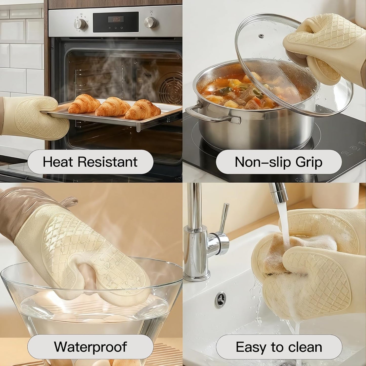 Silicone Oven Mitts Sets with Potholders, 500°F Heat Resistant Kitchen Cooking Gloves, Cotton Lining Baking Mitts, Non-Slip Textured Grip, Pink