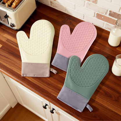 Silicone Oven Mitts Sets with Potholders, 500°F Heat Resistant Kitchen Cooking Gloves, Cotton Lining Baking Mitts, Non-Slip Textured Grip, Pink