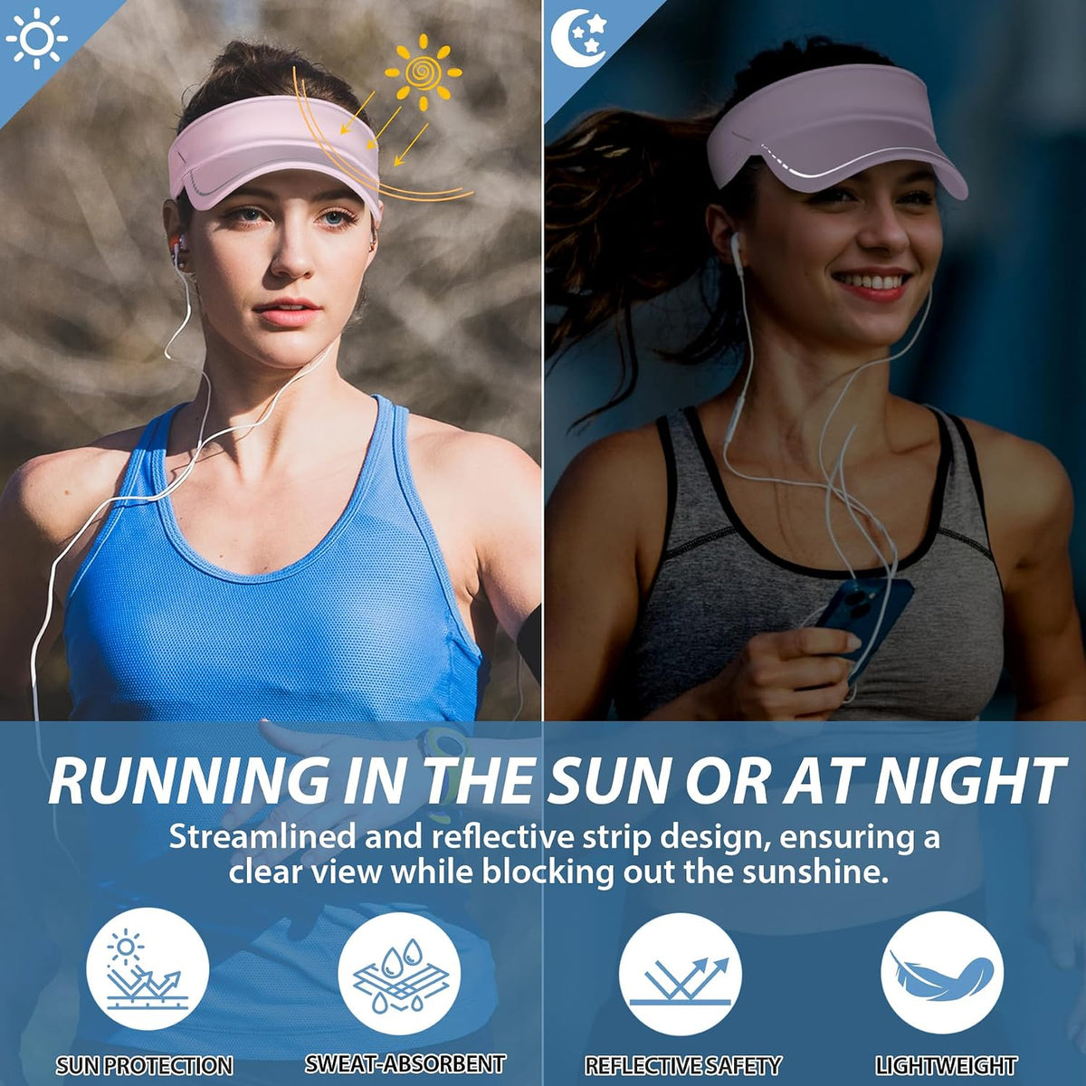 Sports Sun Visor for Men Women, Lightweight Adjustable Visor Hat, Reflective Running Tennis Golf Visor, Sunglass Slots