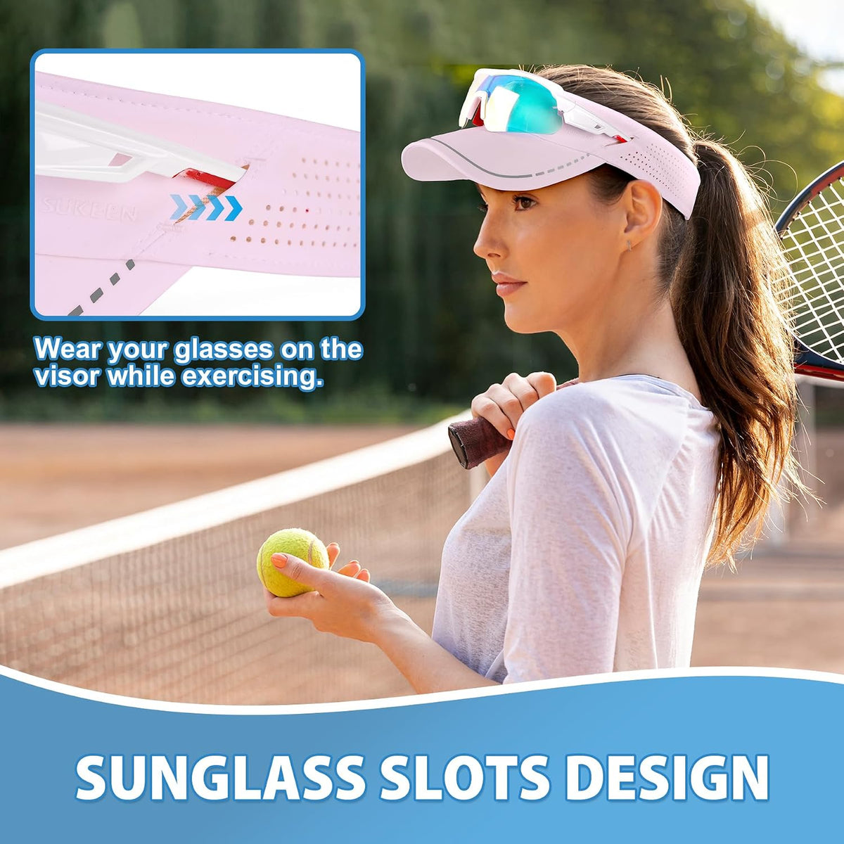 Sports Sun Visor for Men Women, Lightweight Adjustable Visor Hat, Reflective Running Tennis Golf Visor, Sunglass Slots