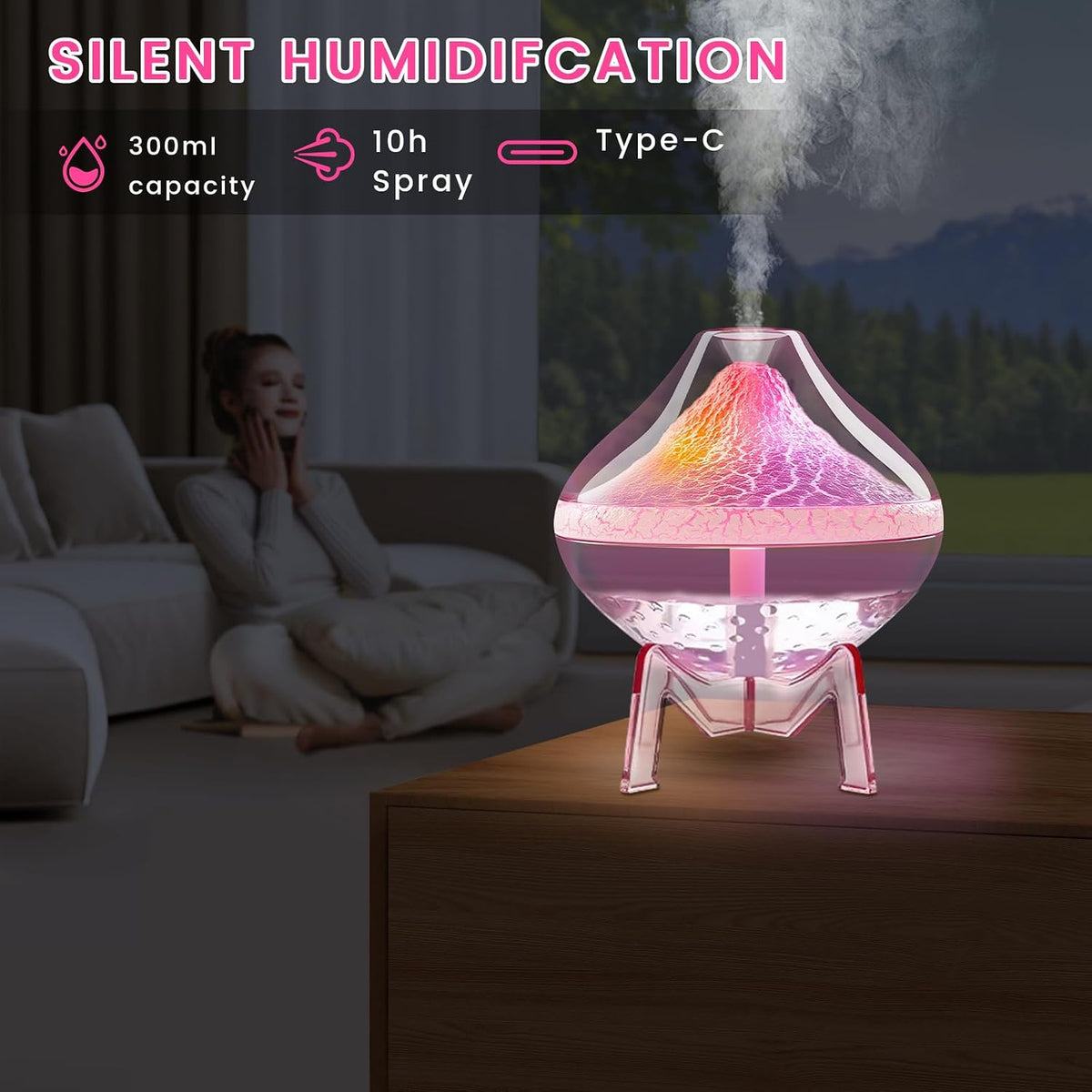 Humidifiers for Bedroom Cool Mist Ultrasonic Small Humidifier with Humidity Sensor Auto Shut Off LED Colorful Gradient Light Mini Humidifier For Plants,Bedroom,Baby Room,Office, Home（Pink)