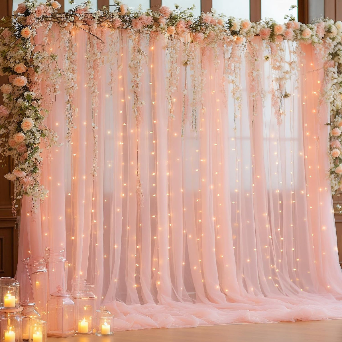 10x10ft Peach Tulle Backdrop Curtain with Lights String for Parites, Sheer Photo Backdrop Curtains for Wedding Baby Shower Birthday Party Photo Shoot Background Decorations
