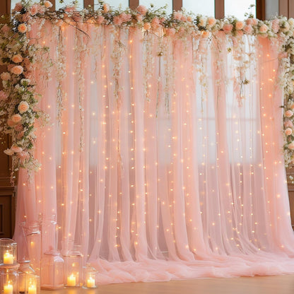 10x10ft Peach Tulle Backdrop Curtain with Lights String for Parites, Sheer Photo Backdrop Curtains for Wedding Baby Shower Birthday Party Photo Shoot Background Decorations