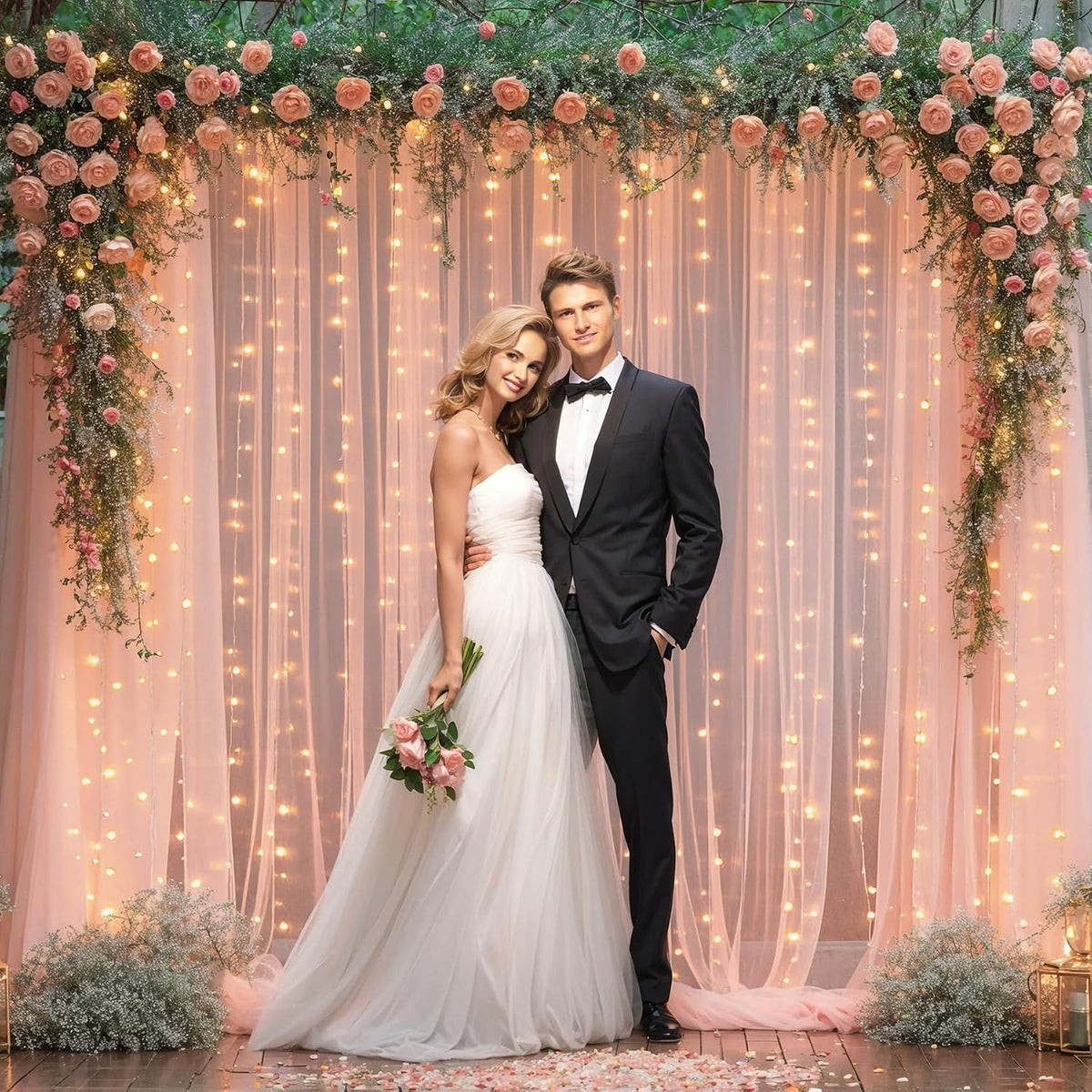 10x10ft Peach Tulle Backdrop Curtain with Lights String for Parites, Sheer Photo Backdrop Curtains for Wedding Baby Shower Birthday Party Photo Shoot Background Decorations