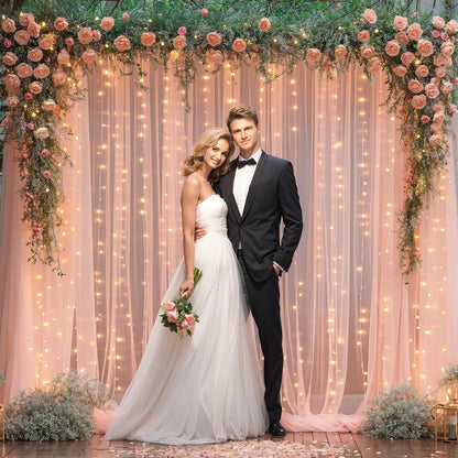 10x10ft Peach Tulle Backdrop Curtain with Lights String for Parites, Sheer Photo Backdrop Curtains for Wedding Baby Shower Birthday Party Photo Shoot Background Decorations