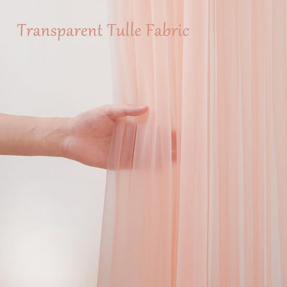 10x10ft Peach Tulle Backdrop Curtain with Lights String for Parites, Sheer Photo Backdrop Curtains for Wedding Baby Shower Birthday Party Photo Shoot Background Decorations