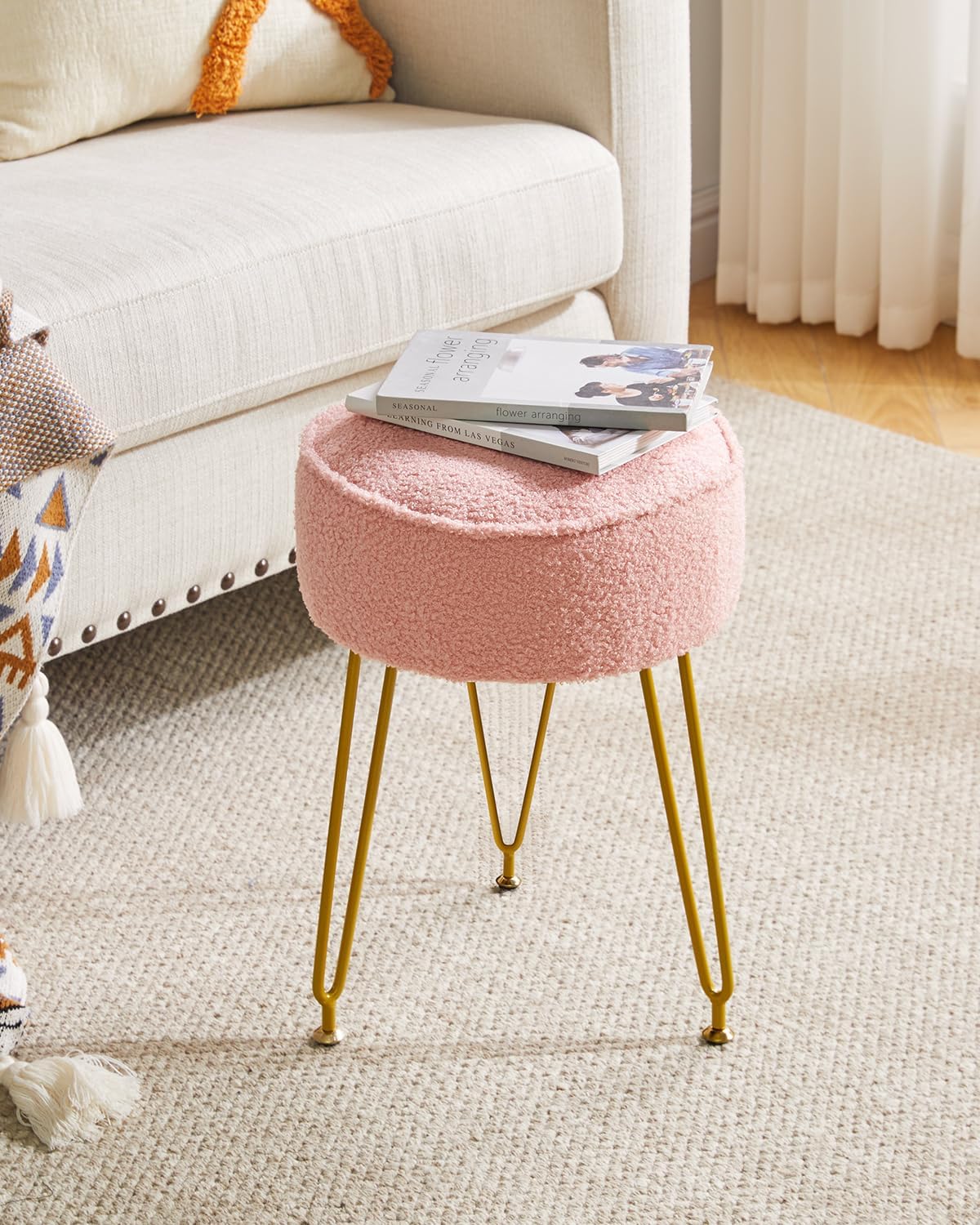 Makeup Vanity Stool Chair, Teddy Velvet Footrest, Pink WBD009P