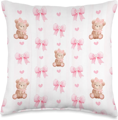 Pink Coquette Bows and Teddy Bears Throw Pillow