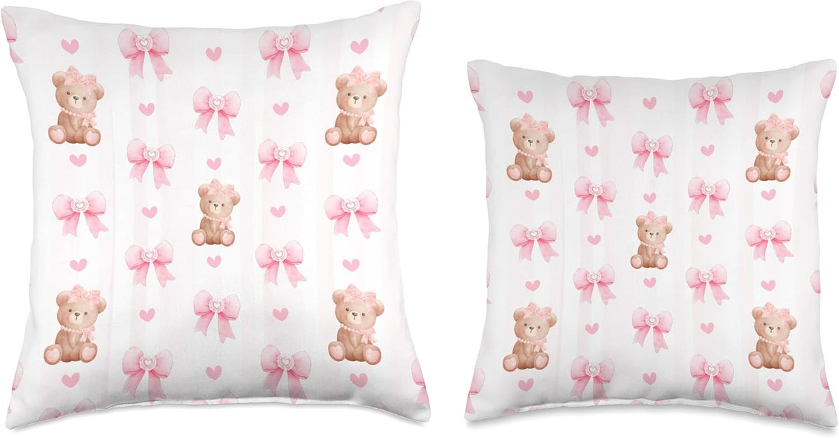 Pink Coquette Bows and Teddy Bears Throw Pillow