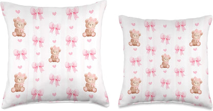 Pink Coquette Bows and Teddy Bears Throw Pillow