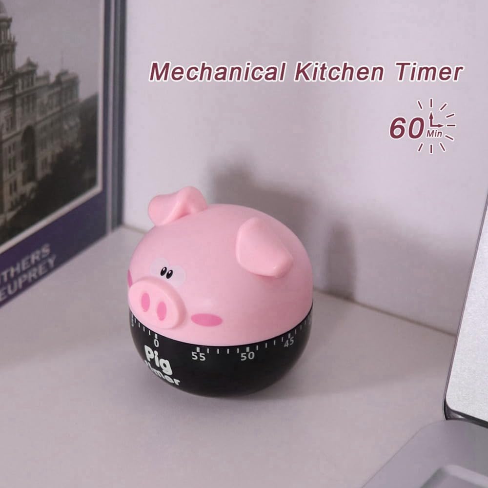 Cartoon Pig Shape Kitchen Timer 1-55 Minute – Mechanical Wind-Up Cooking Timer Countdown Alarm Clock for Baking, Home Decor, Loud Alarm(Pink)